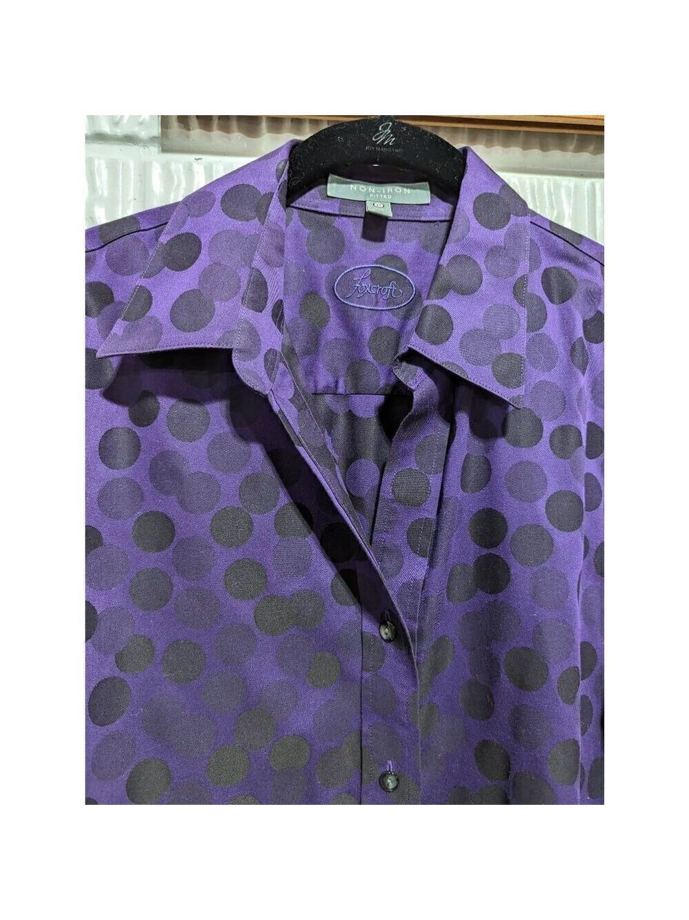 Foxcroft Women's 12 Purple Long Sleeve Button Front Blouse Black Abstract Polka - Picture 4 of 10